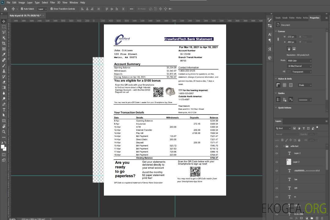 Modèle de relevé bancaire Canada CrawfordTech facile à remplir au format Excel et PDF template